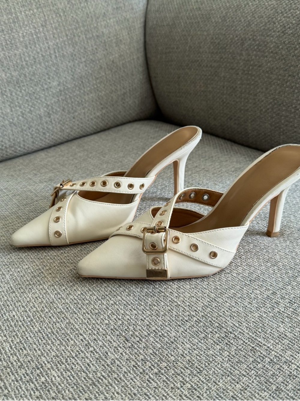 Cream Pointed-Toe Buckle Mule Heels
